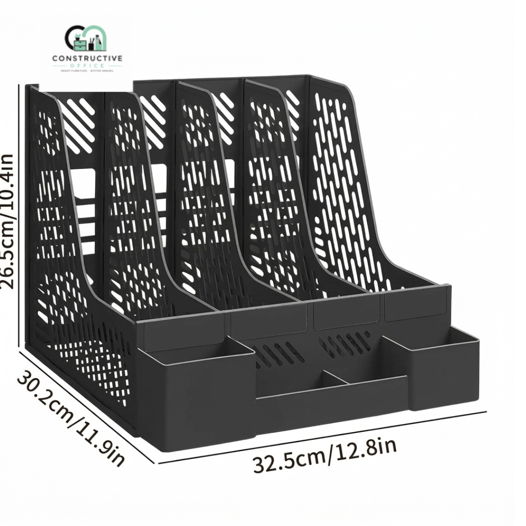 Desktop file organizer storing folders notebooks and paperwork