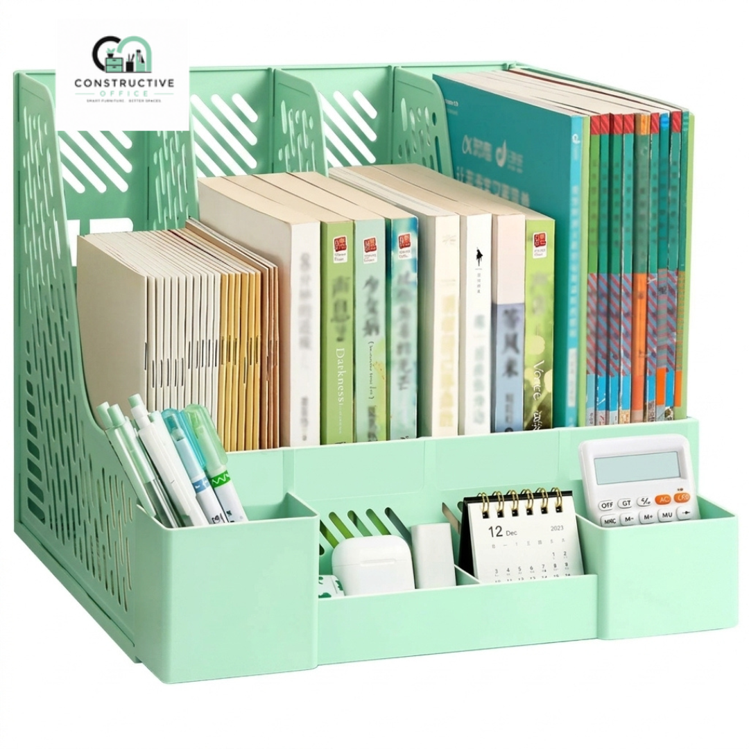 Desktop file organizer with four compartments for office documents