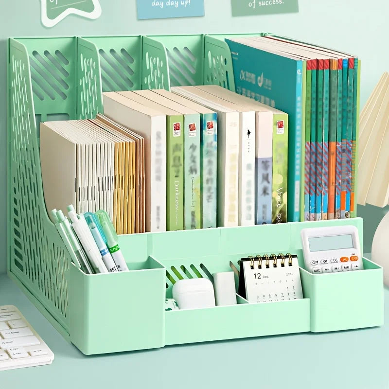 desktop file organizer with four compartments on office desk