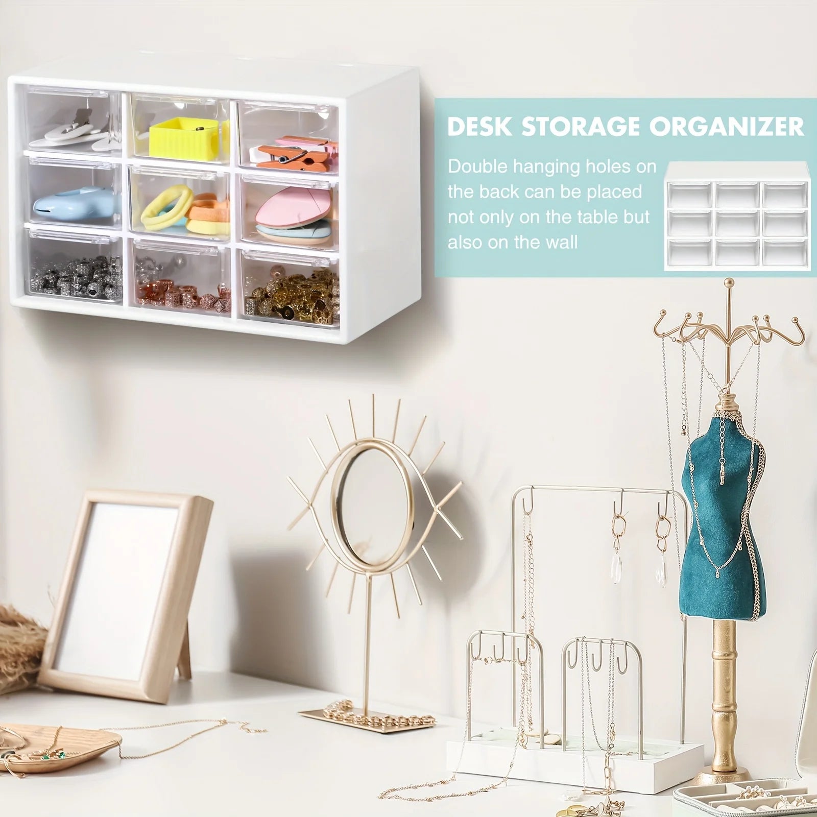 home office setup with wooden stationery storage organizer