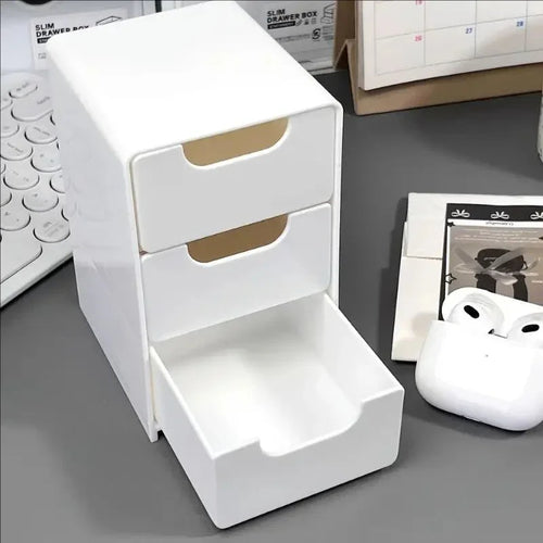 home workspace with plastic desk organizer and stationery storage