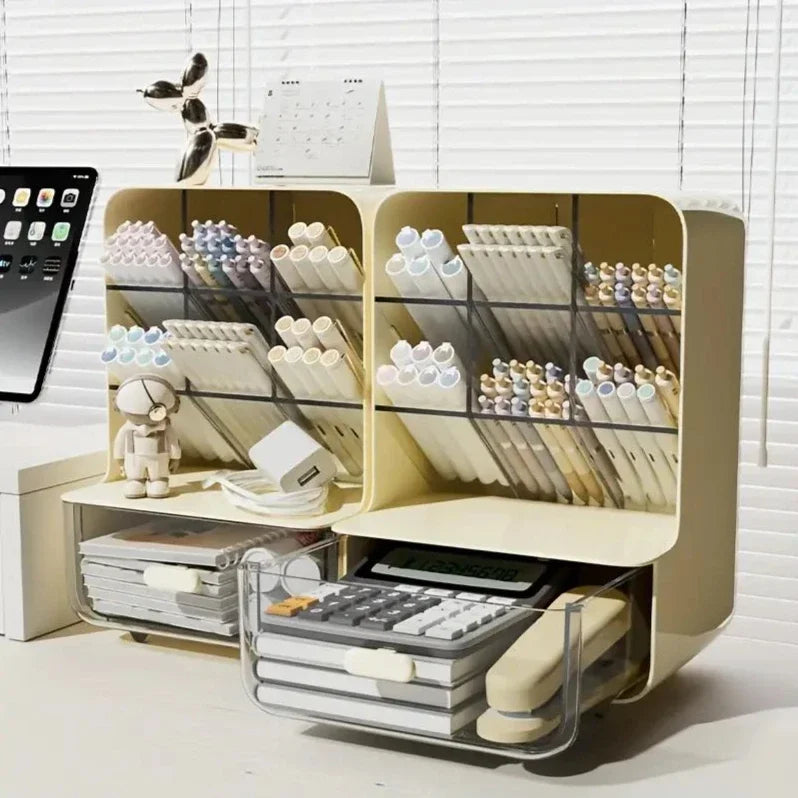 multi layer desk organizer holding pens and stationery on office desk