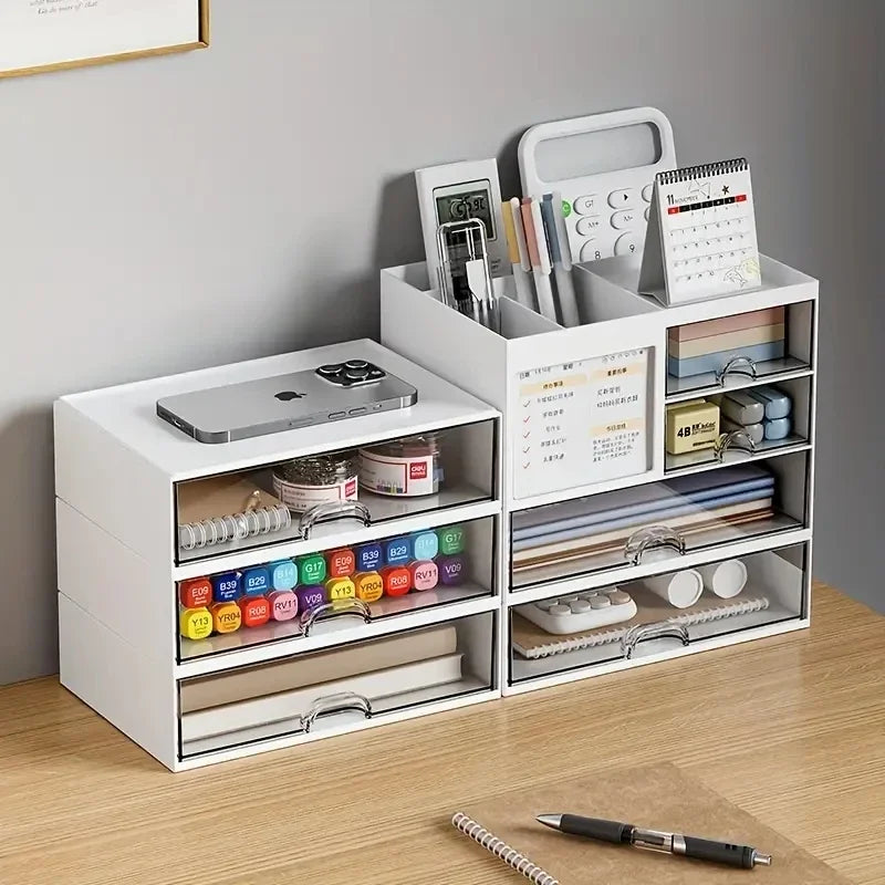 office desk with compact drawer organizer and storage sections