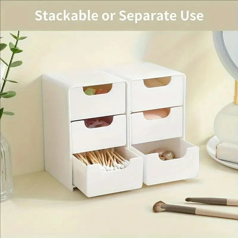 study desk setup with tiered organizer and drawer storage