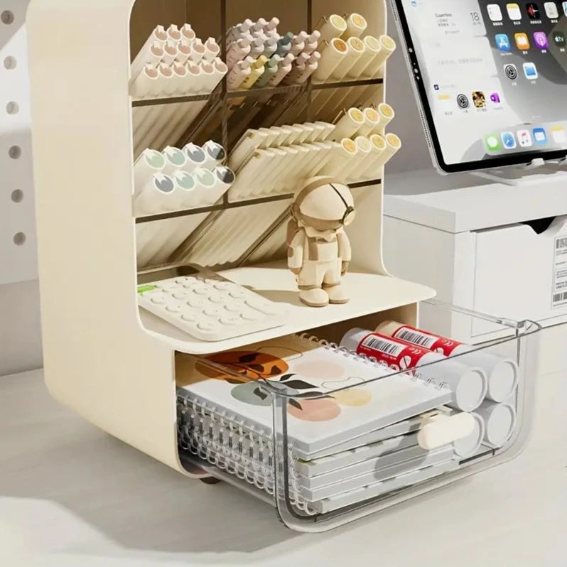 study desk setup with stationery storage organizer and pen holder