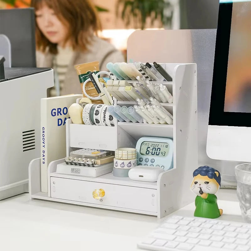 study table with pen holder and small shelf organizer