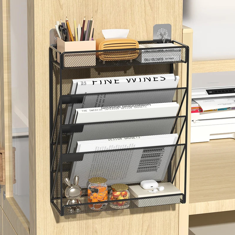 vertical metal file holder with mesh tiers for documents