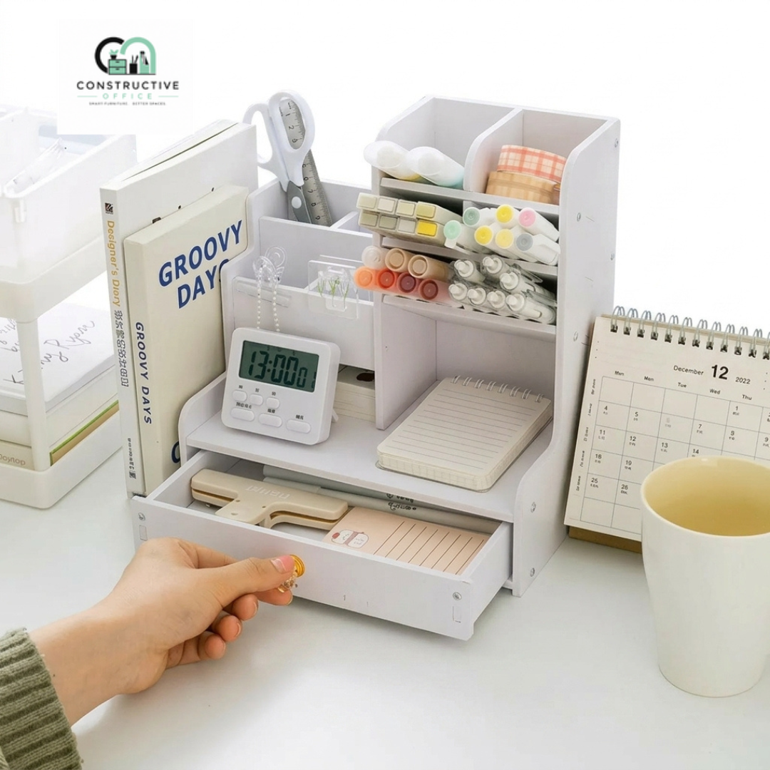 Wooden Desk Organizer storing pens, pencils, notebooks, and office supplies