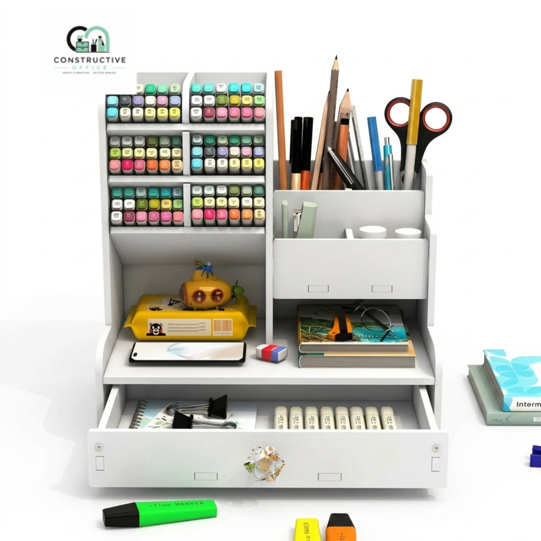 Compact Wooden Desk Organizer with multi-level shelves for workspace organization