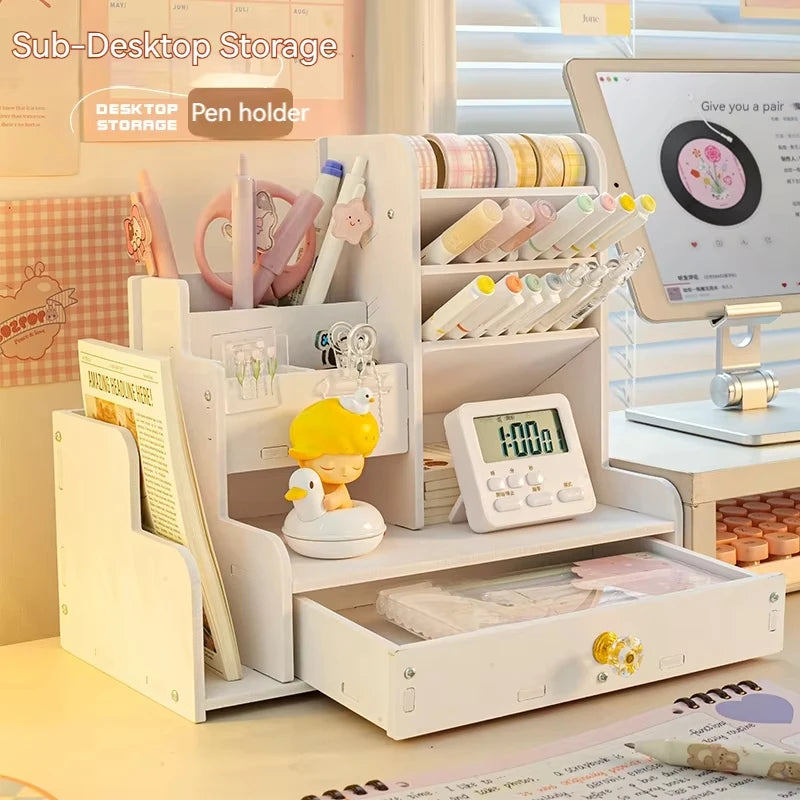 wooden desk organizer with pen holder and shelf on office desk